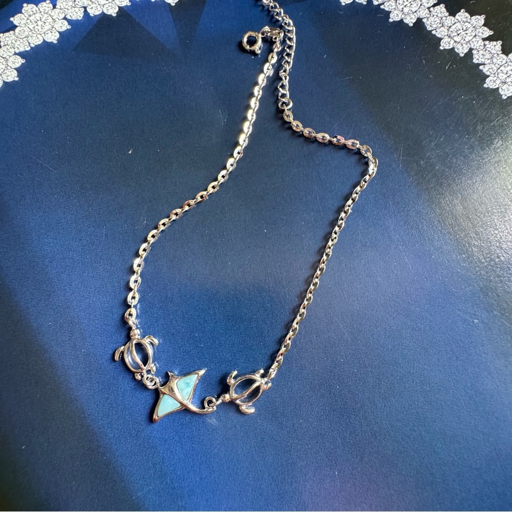 925 Sterling Silver Sea Turtle & inlaid Larimar Manta Ray Anklet-